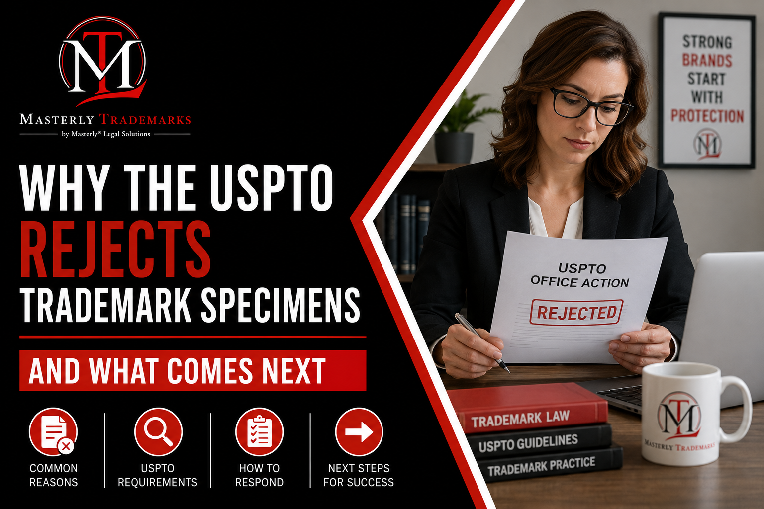 Trademark attorney reviewing a USPTO specimen refusal office action