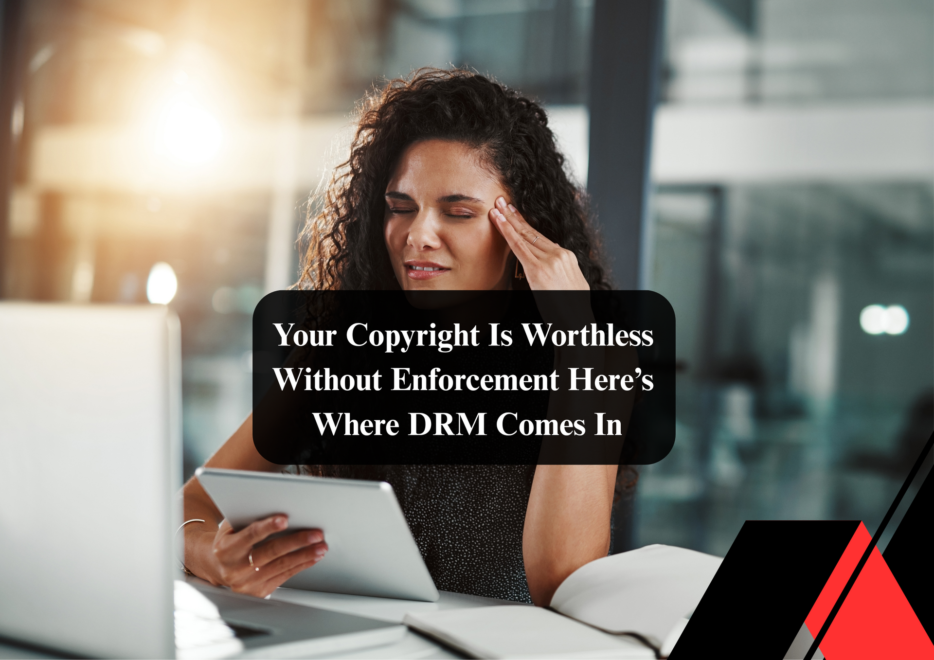 Illustration of digital rights management protecting online content access.