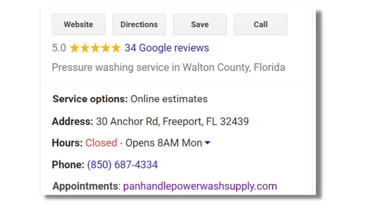 A google review for a pressure washing service in walton county florida