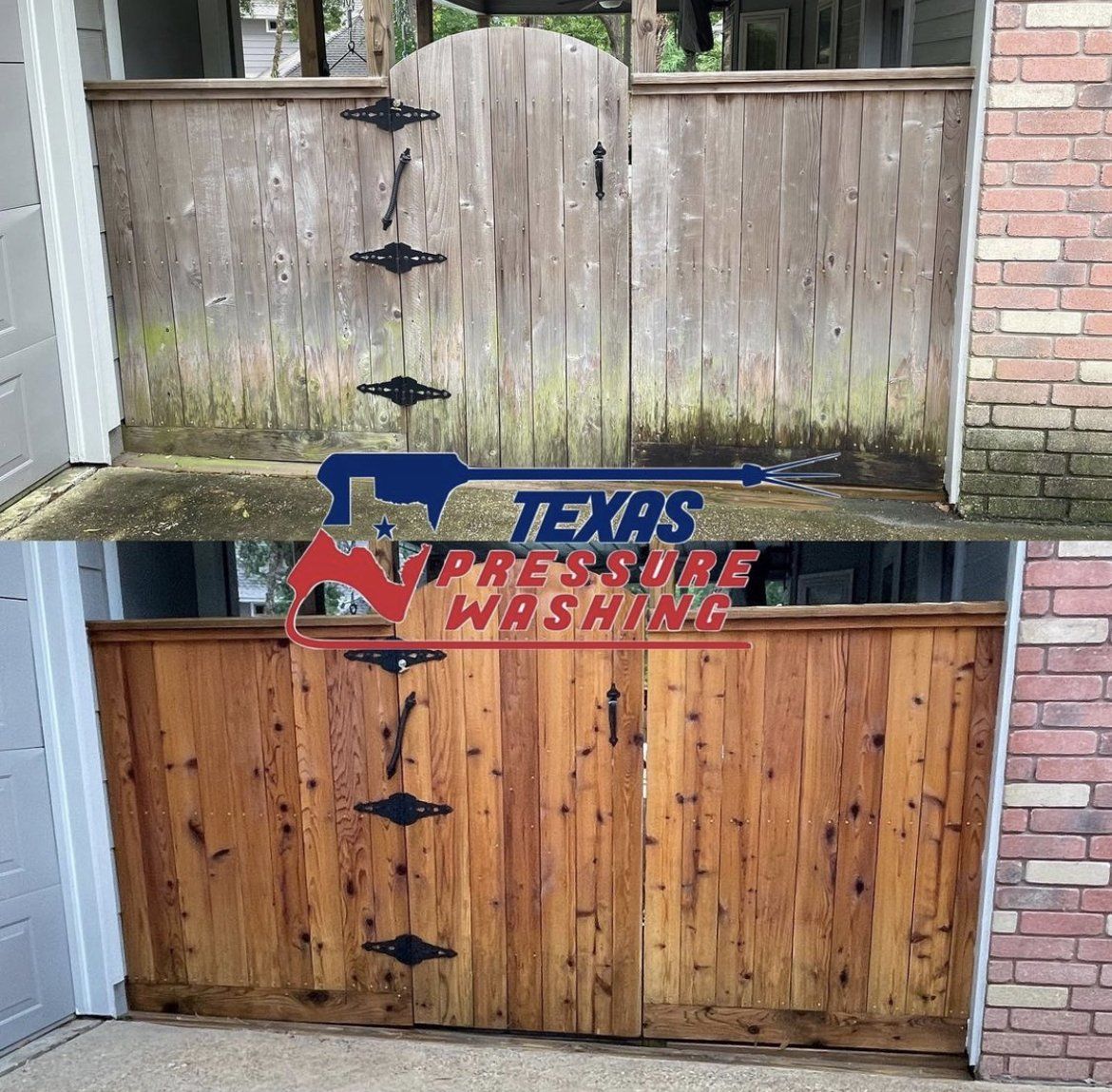 A before and after picture of a wooden gate being cleaned by texas pressure washing.