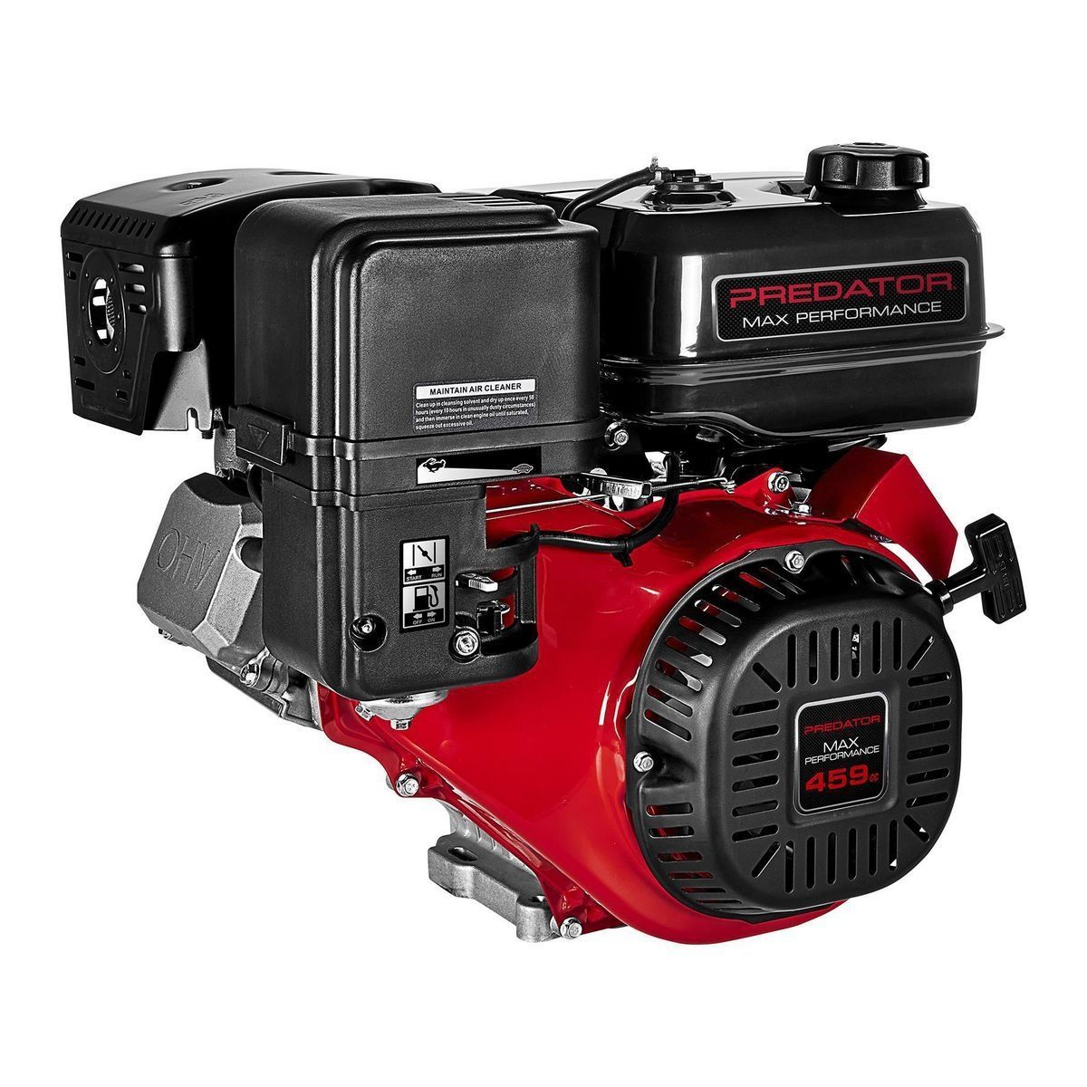 A red and black predator engine on a white background