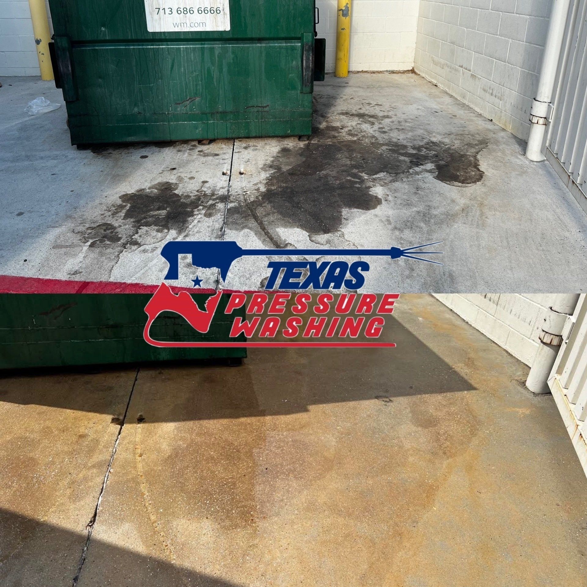 A picture of a dumpster before and after being cleaned by texas pressure washing