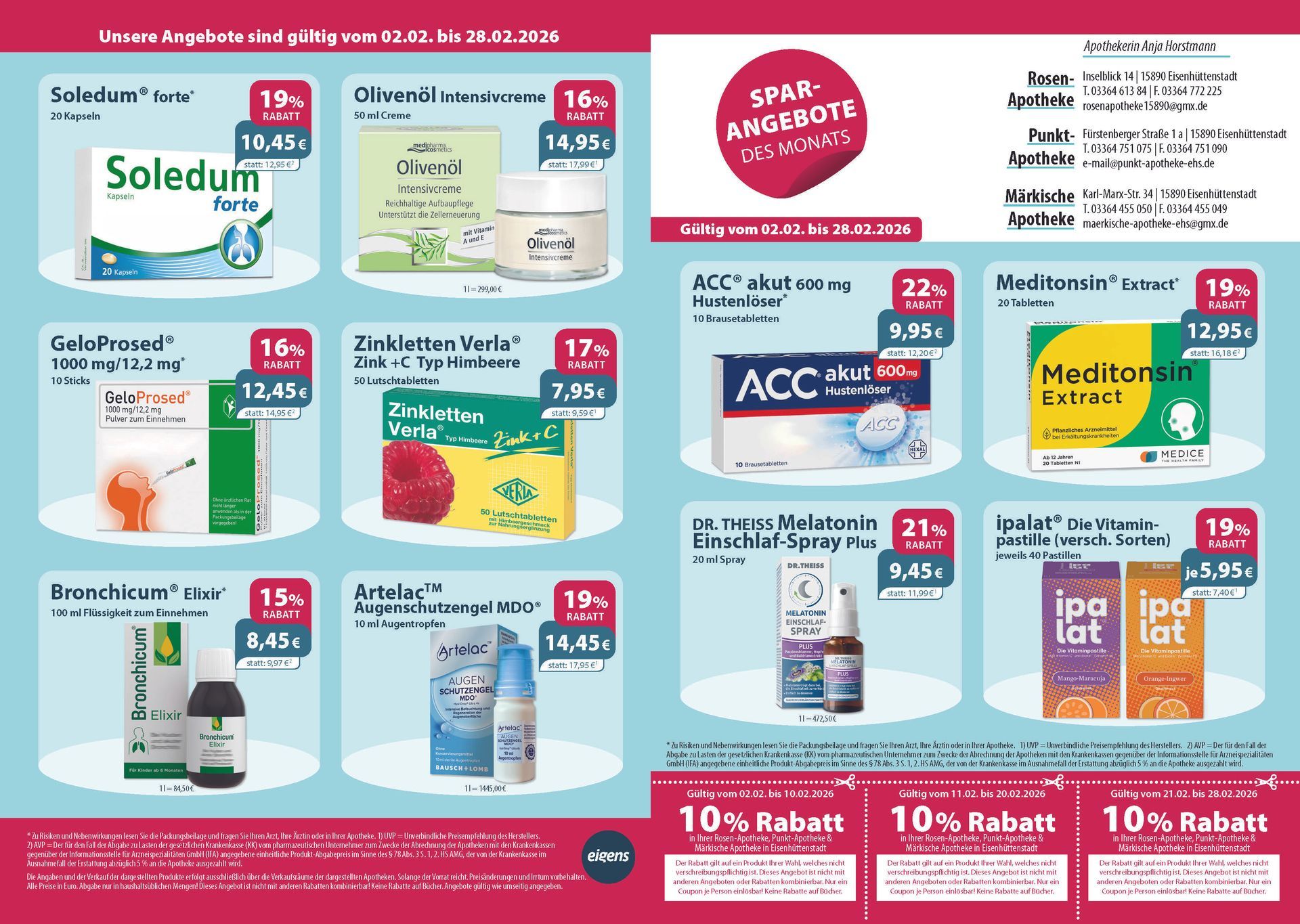 Werbung für eine Apotheke mit Arzneimitteln. Roter und weißer Hintergrund mit Produktfotos und Preisschildern.