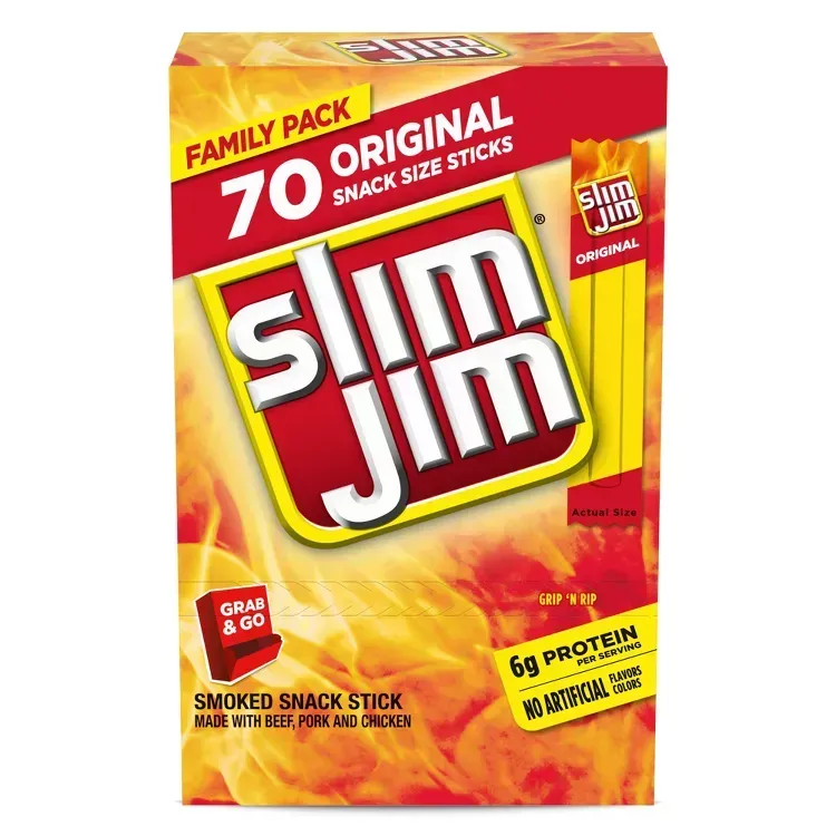 Box of Slim Jim snack sticks, red and yellow, with the brand name in a bold logo.