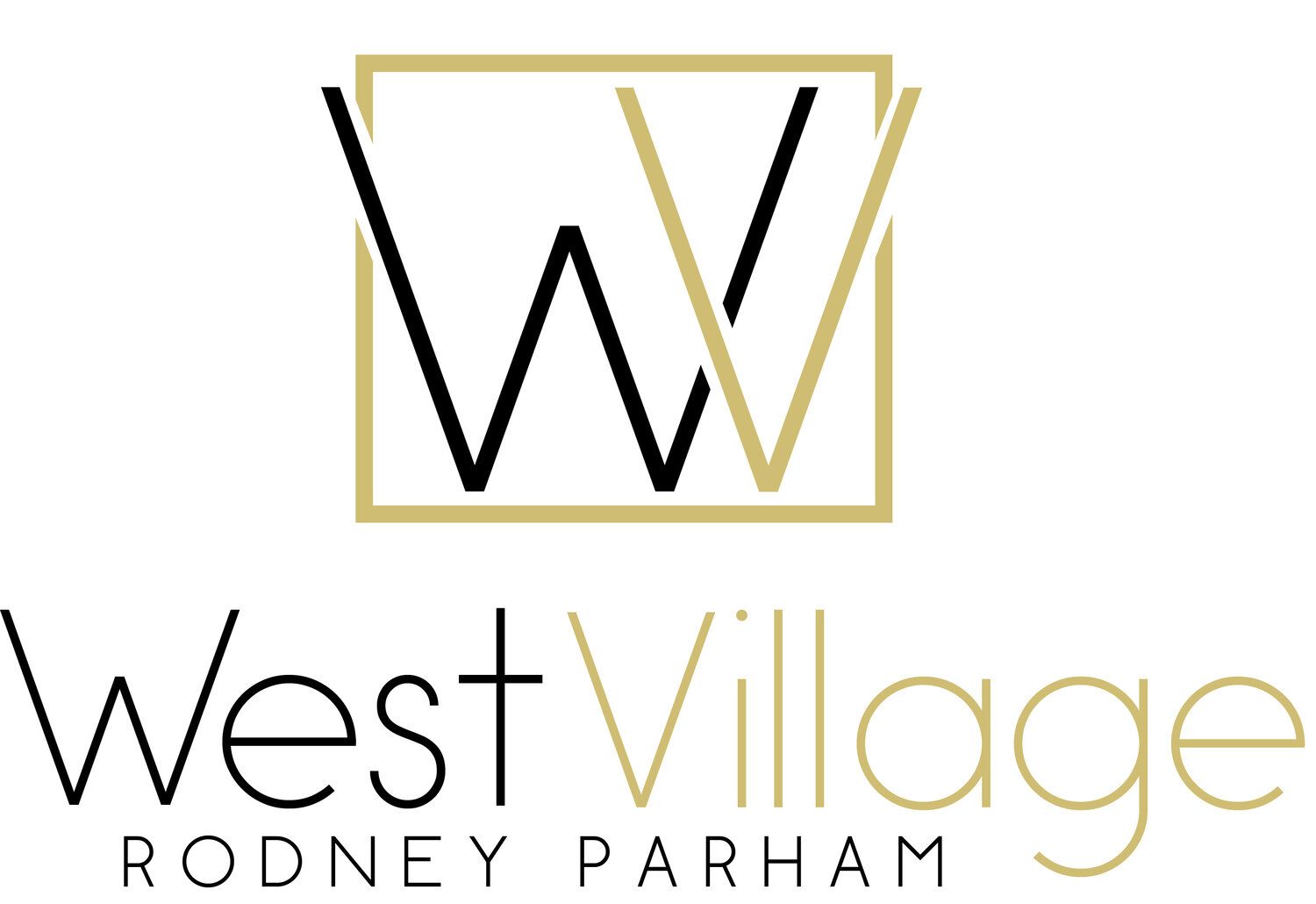 the logo for west village rodney parham is black and gold .