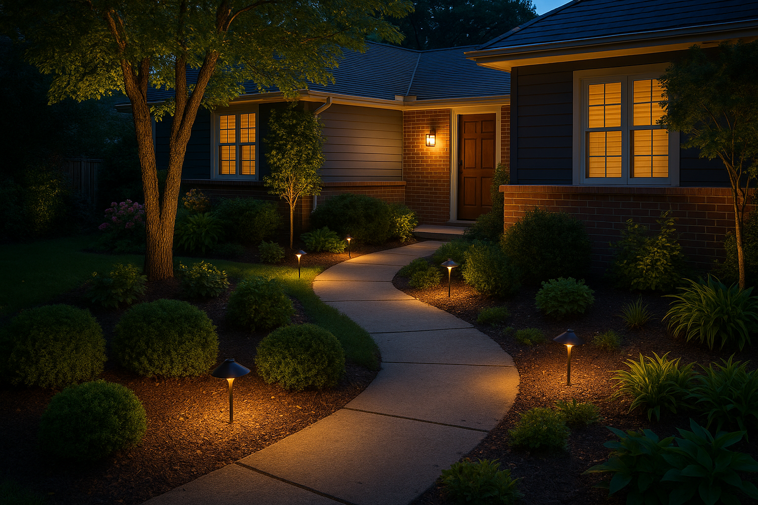 A walkway leading to a house is lit up at night.