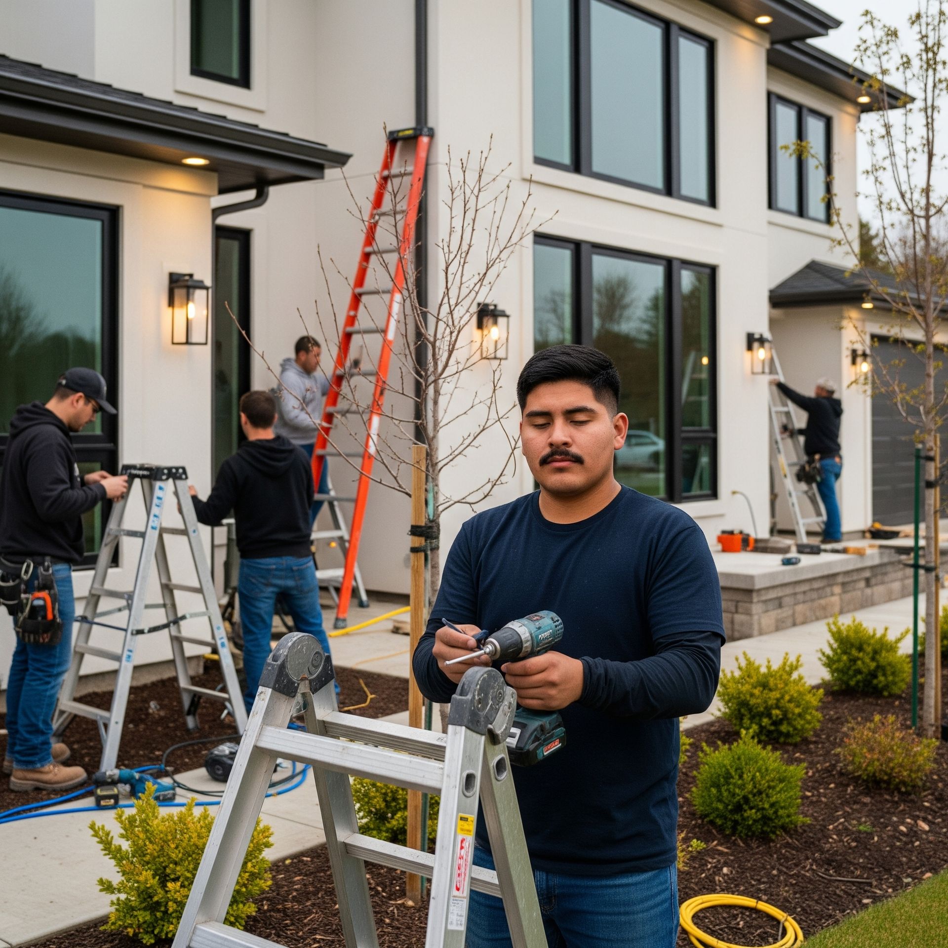 A man is standing in front of a house holding a drill.
