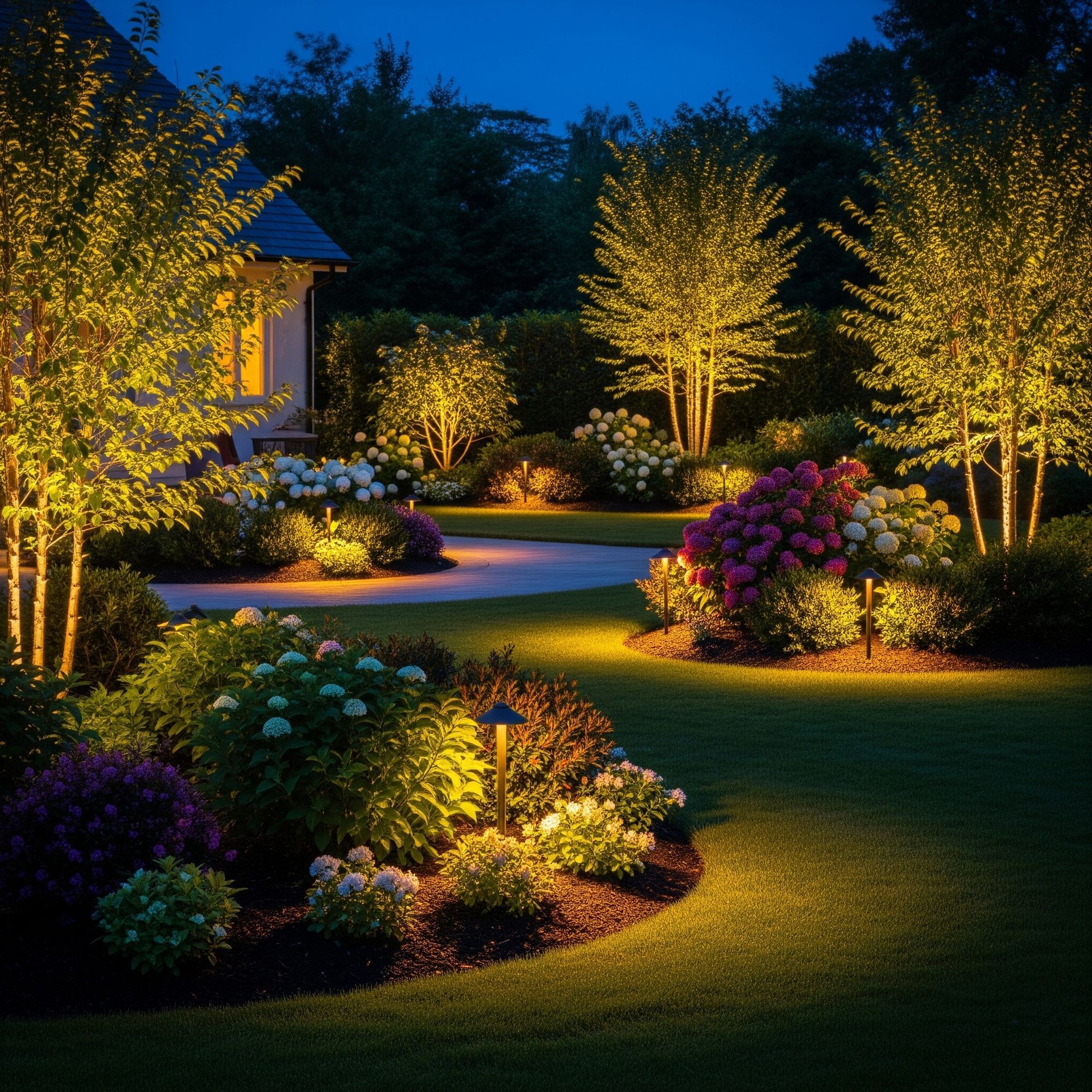 A garden with lots of flowers and trees lit up at night