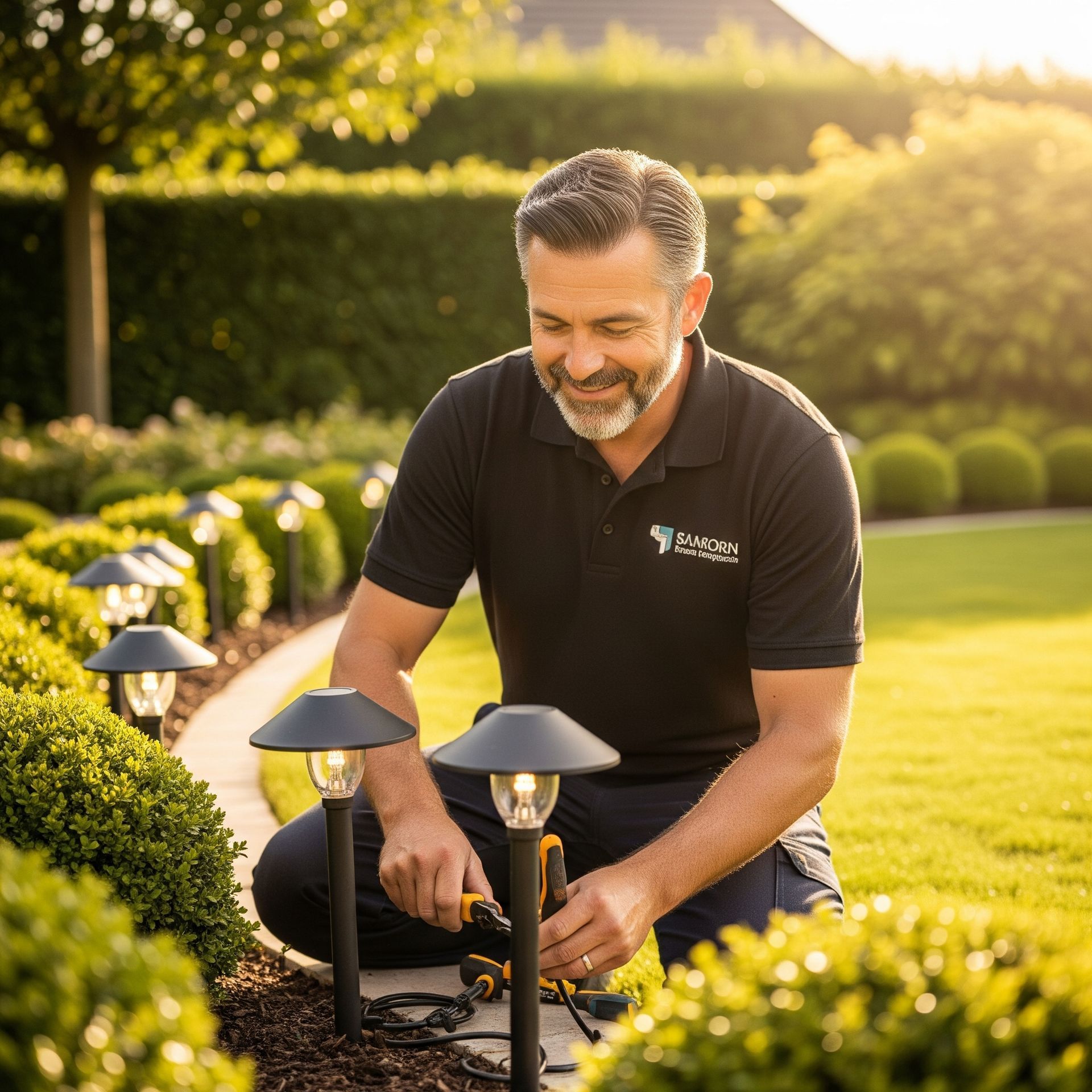A man is kneeling down in a garden fixing a light.
