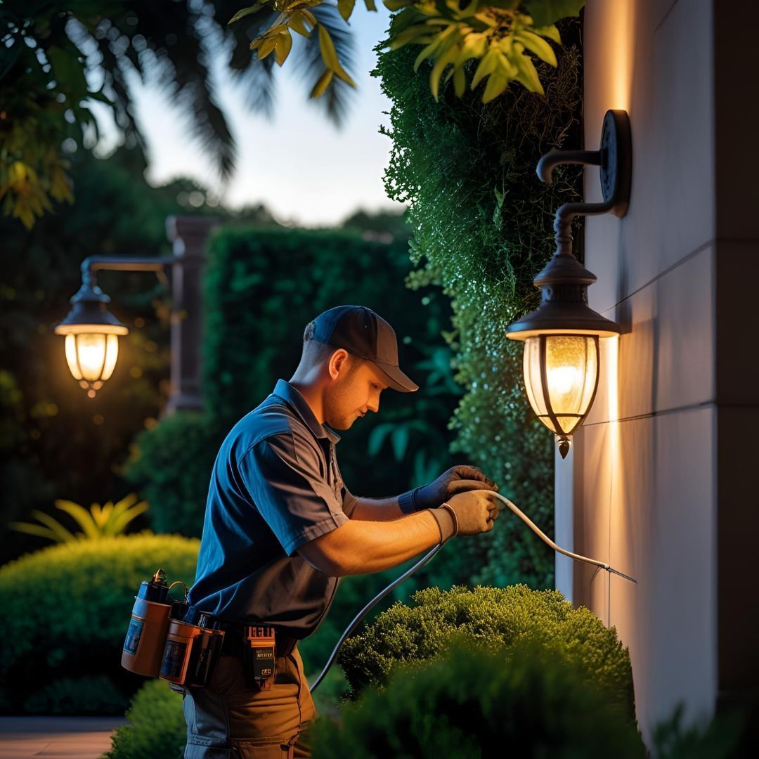 A man is installing lights while holding a wire.