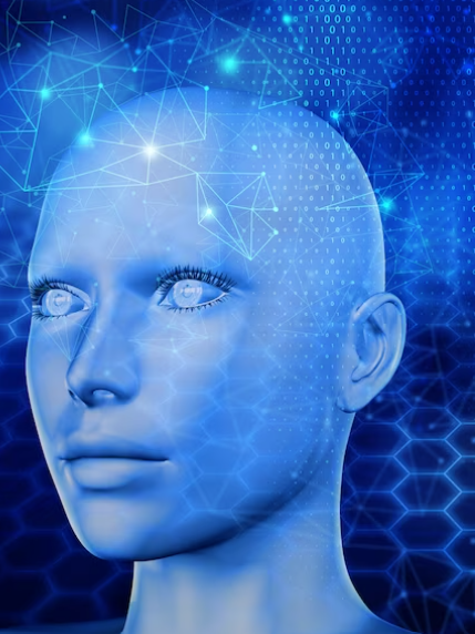 a computer generated image of a woman 's head with a blue background .