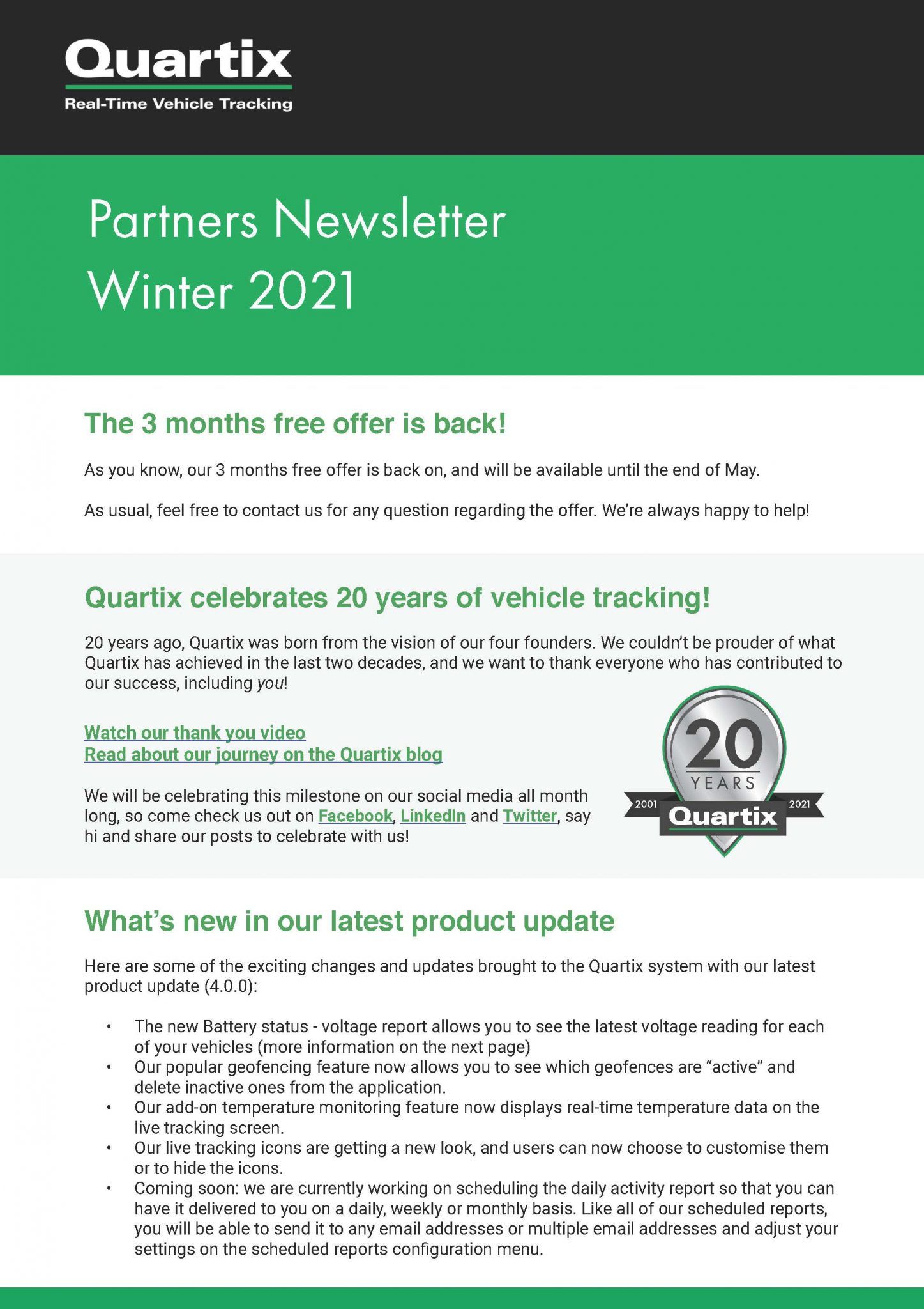 The cover of a quartix partners newsletter for winter 2021.