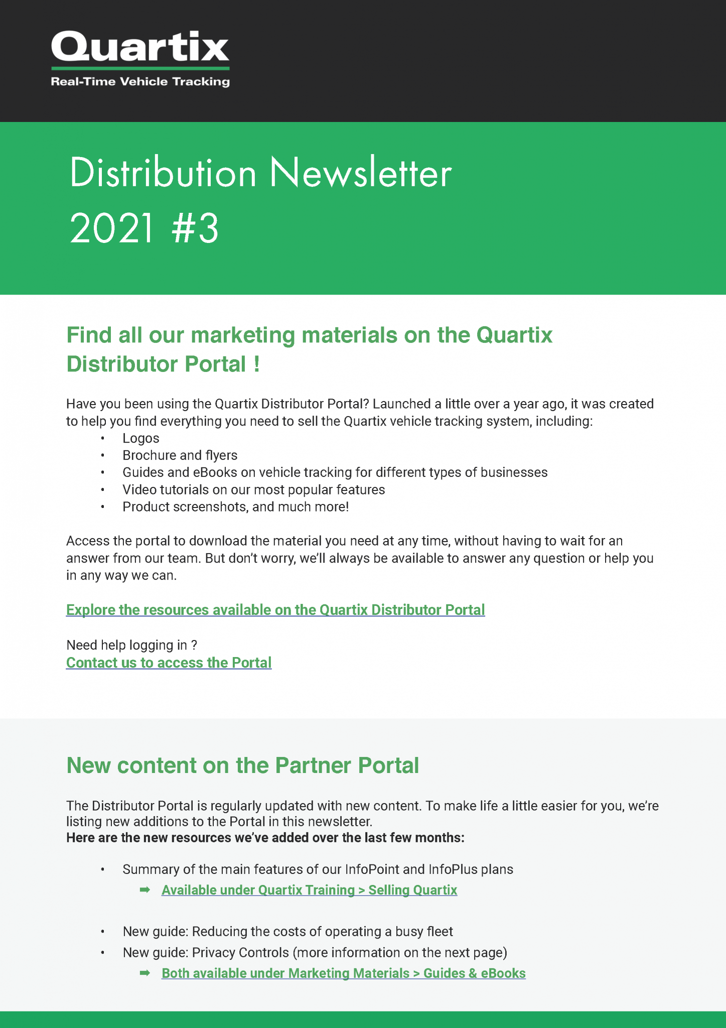 The cover of a quartix distribution newsletter is green and white.