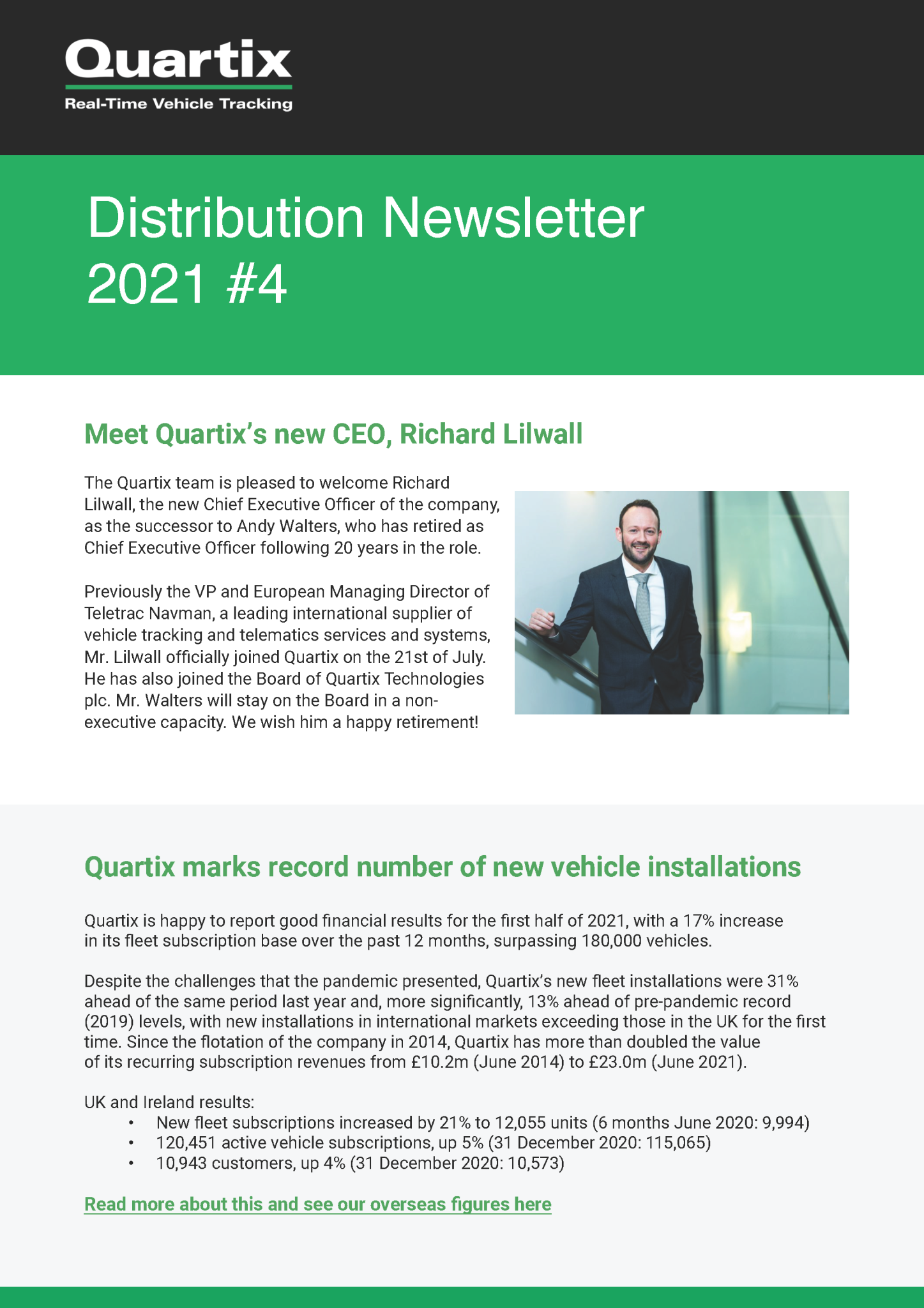 A man in a suit is standing on a staircase in a distribution newsletter.