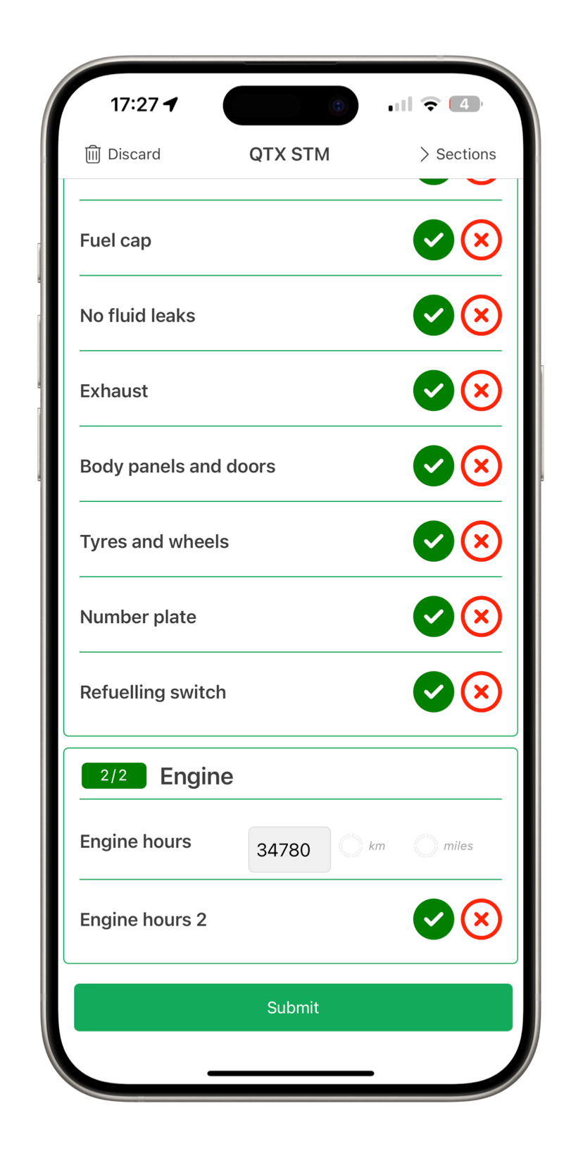 A cell phone with a screenshot of a car inspection app on it.