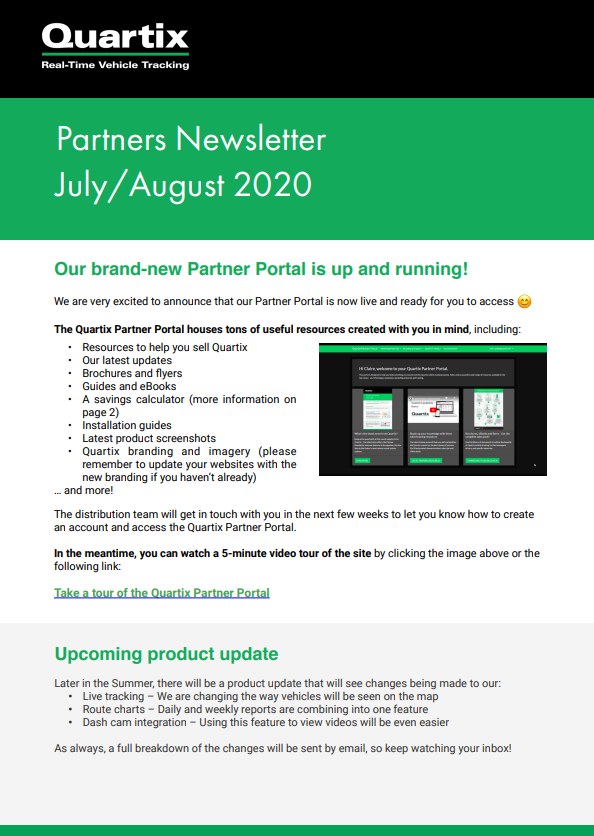 Quartix partners newsletter july / august 2020 our brand new partner portal is up and running !
