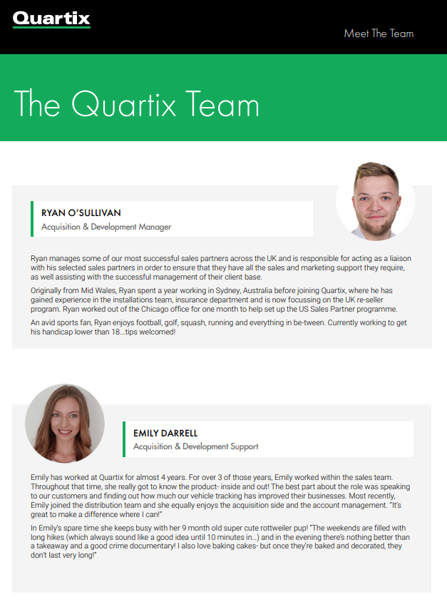 It is a brochure for the quartix team.