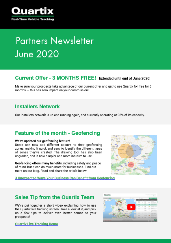 Quartix partners newsletter june 2020 is a green and white newsletter.