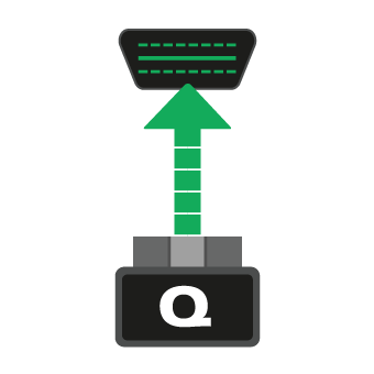 A green arrow is pointing upwards next to a black box with the letter q on it.