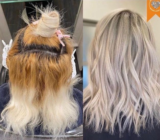 A before and after photo of a woman 's hair.