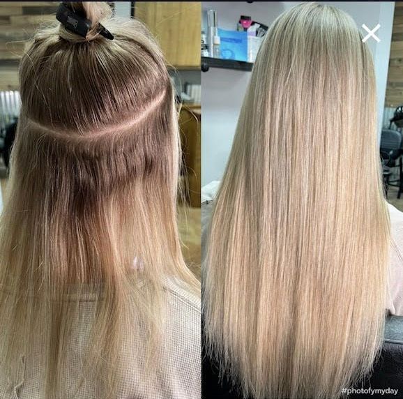 A before and after photo of a woman 's hair