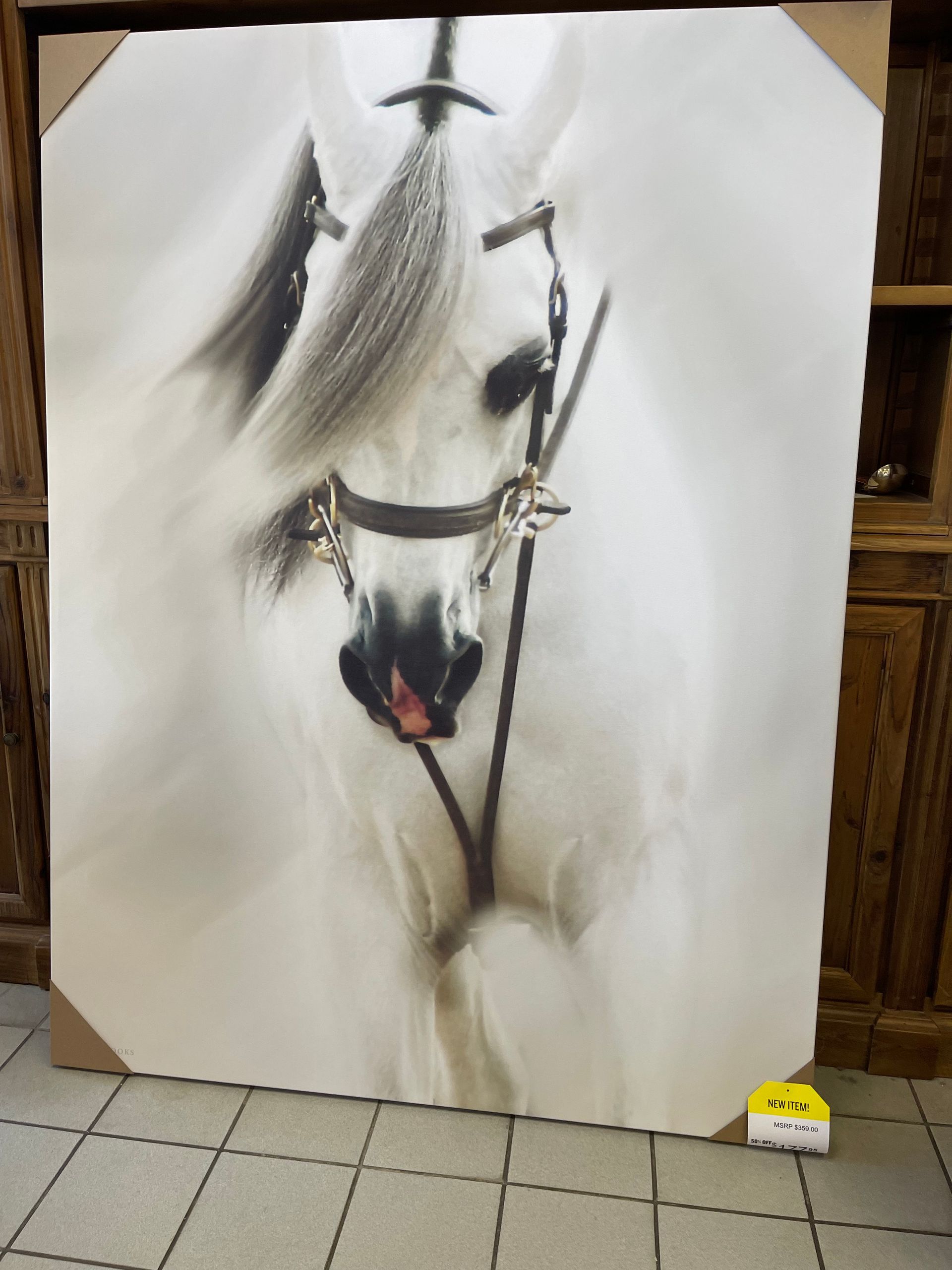A large, white horse with a dark bridle stands against a soft, bright background on this tall, rectangular canvas print.