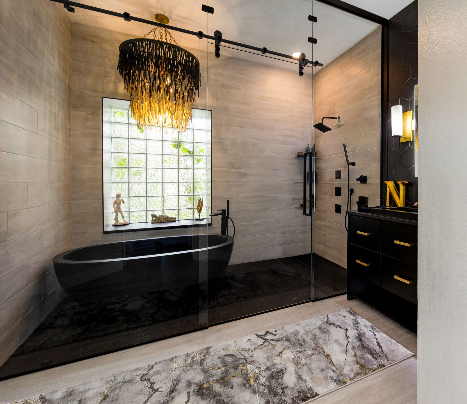 There is a large swimming pool in the backyard of a house.