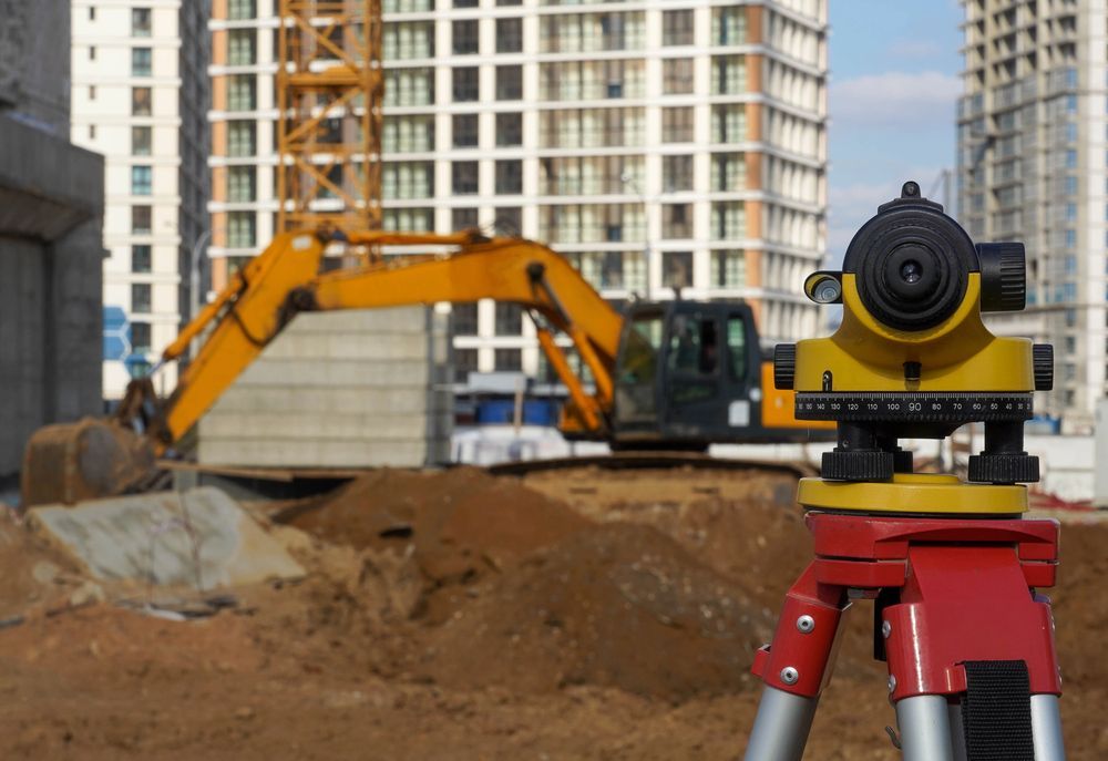Instrumento de topografía amarillo y rojo sobre trípode en el sitio de construcción, excavadora y edificios en el fondo.