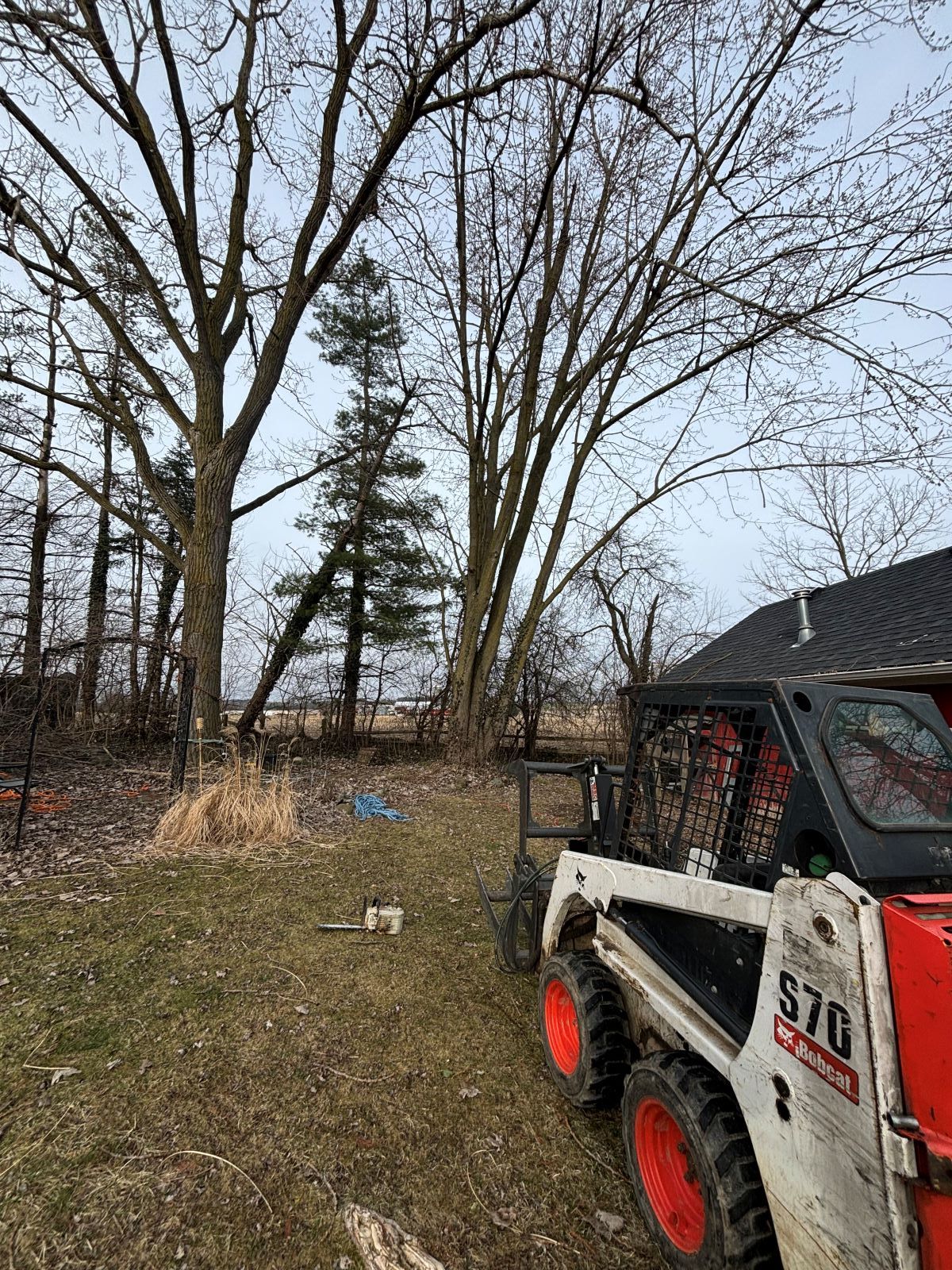 A bobcat s70 is parked in a yard next to a tree.