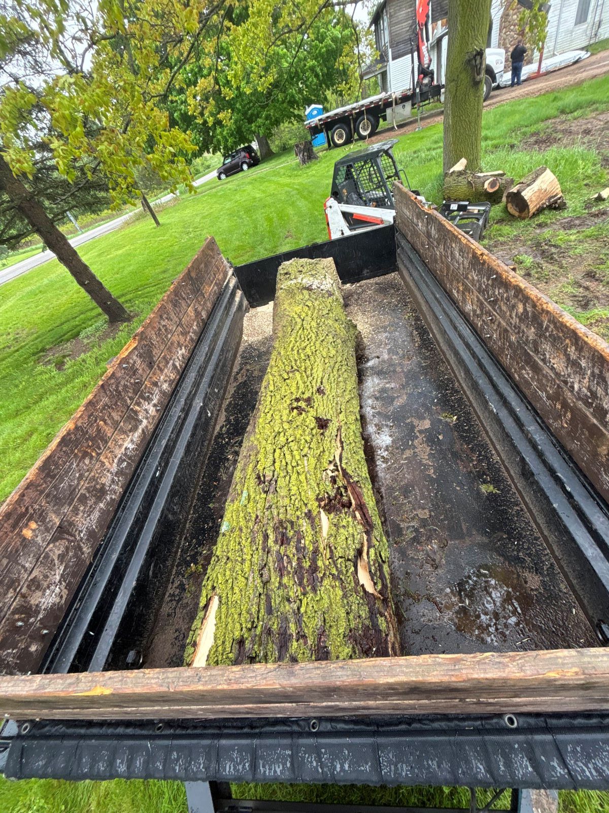 A large log is sitting in the back of a truck.