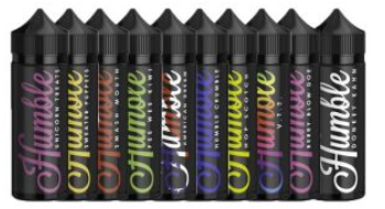 Row of black Humble vape juice bottles, each with a different color label and flavor name.