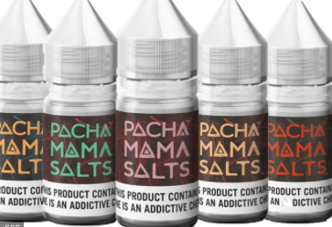 Five bottles of Pacha Mama Salts e-liquid, each with a different color label on a white background.