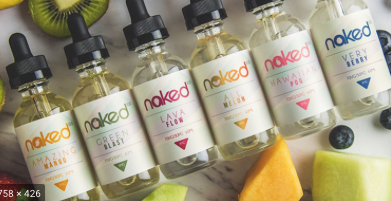 Bottles of Naked e-liquid flavors: Amazing Mango, Green Blast, Lava Flow, Hawaiian POG, Very Berry. Fruit pieces are around the bottles.