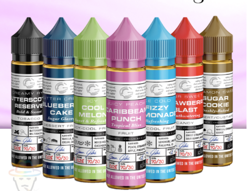 Seven e-liquid bottles in different colors with flavor names on labels, arranged in a row against a gradient background.