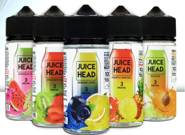 Juice Head e-liquid bottles: watermelon, kiwi strawberry, blueberry lemon, guava peach, and pineapple grapefruit.