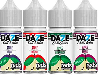 Four vape juice bottles: Apple Grape, Apple Original, Apple Watermelon, and Apple Berries. Each features a red apple graphic.
