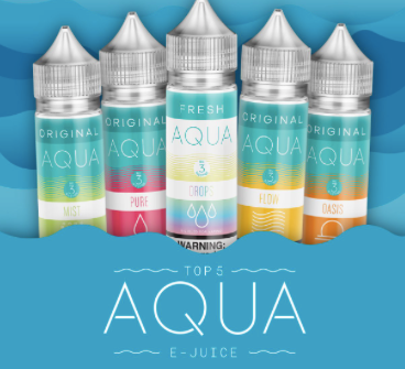 Five Aqua e-juice bottles, each with a different flavor, arranged on a blue wave background with