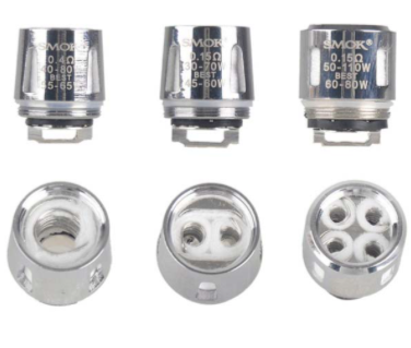 Three SMOK vape coils, silver with black lettering, viewed from side and bottom.
