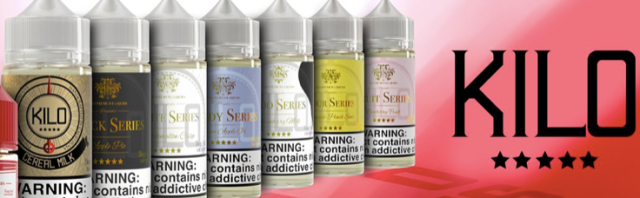 Bottles of Kilo vape juice, various flavors, on a red gradient background. Kilo logo and stars are visible.