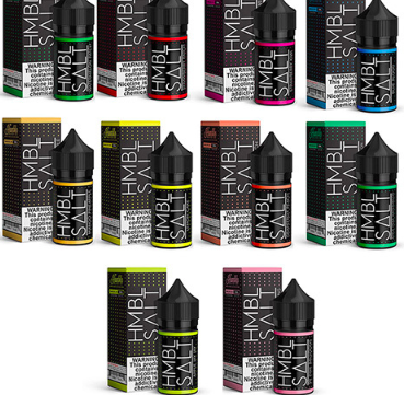 Various colorful bottles of HMBL SALT vape juice with matching boxes.