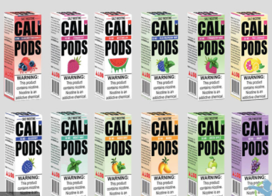 Boxes of Cali Pods vape products with various fruit flavors and a nicotine warning.