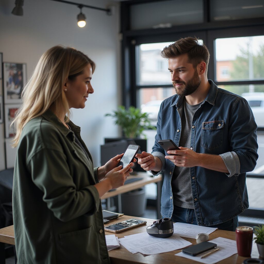 Frau und Mann in einem Büro, die an einem Schreibtisch sitzen und mit Smartphones und einem Tablet interagieren, lächeln.