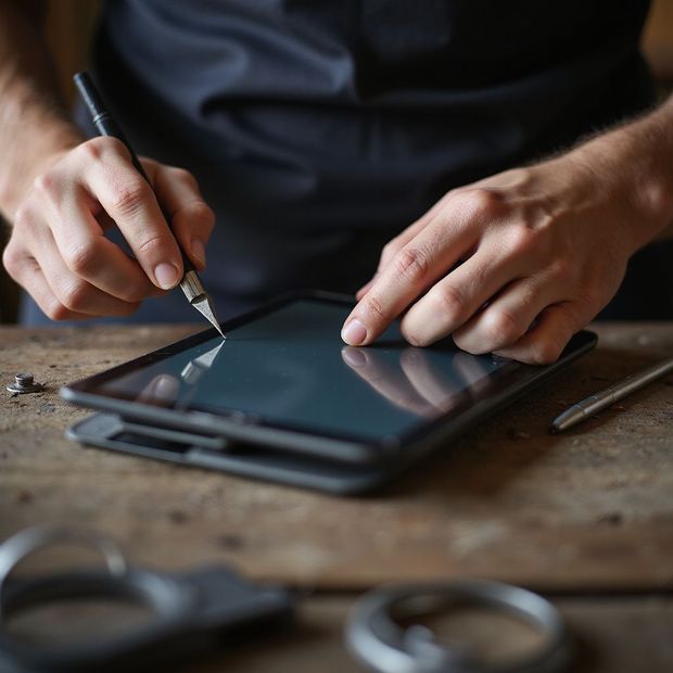Person repariert ein Tablet mit einer Klinge auf einem Holztisch, Nahaufnahme.