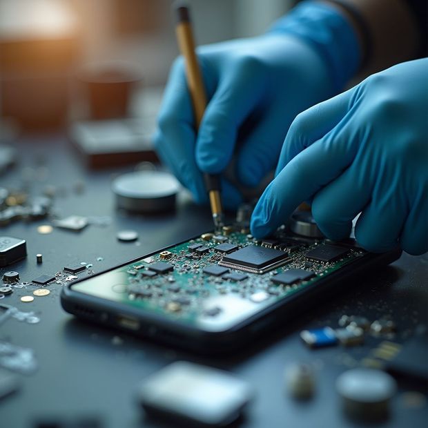 Hände mit blauen Handschuhen reparieren mit einem Werkzeug auf einem Tisch eine Platine.