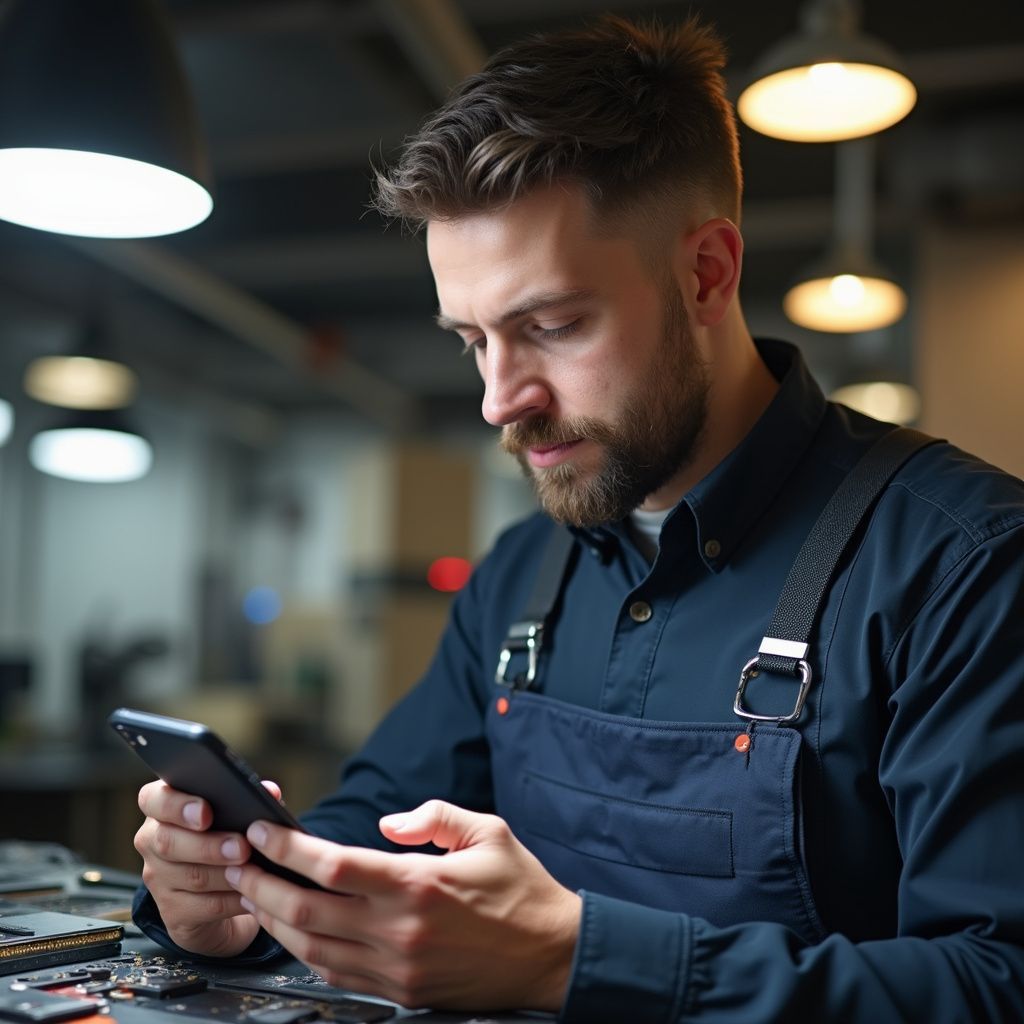 Ein Mann, der in einer Werkstatt arbeitet und auf ein Smartphone schaut, trägt eine dunkelblaue Schürze und ein dunkelblaues Hemd.