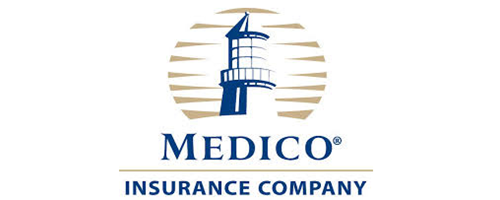 Logo for Medico Insurance Company: lighthouse illustration over text.