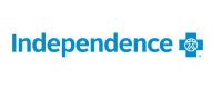 Independence logo with blue text and cross symbol.