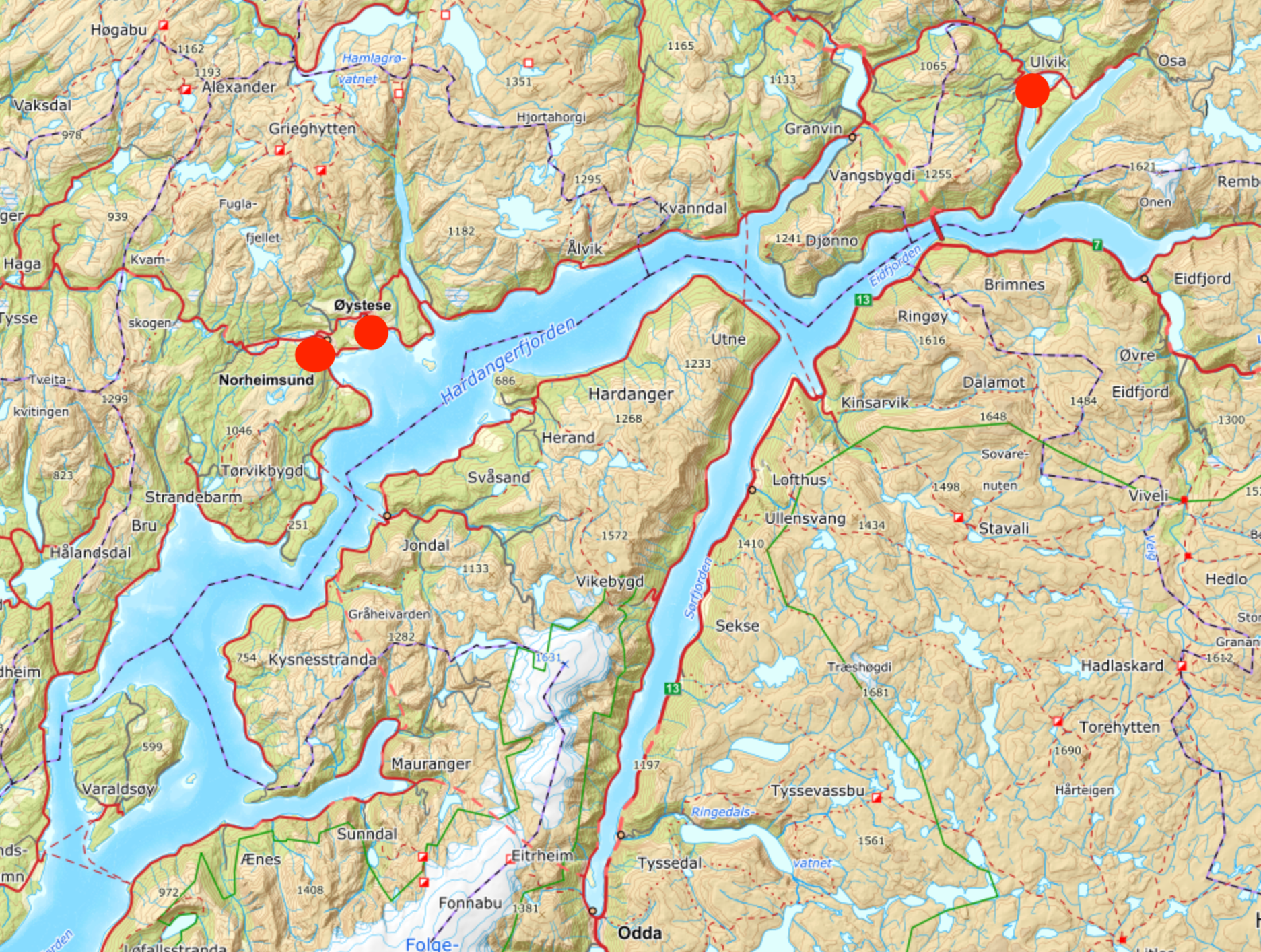 Map of Hardangerfjord Adventure's bases by the Hardangerfjord