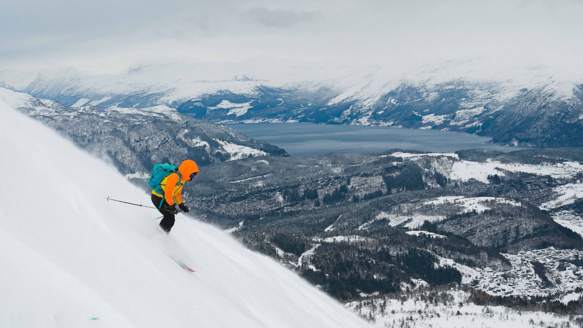 Skiing down from a Hardangerfjord montain