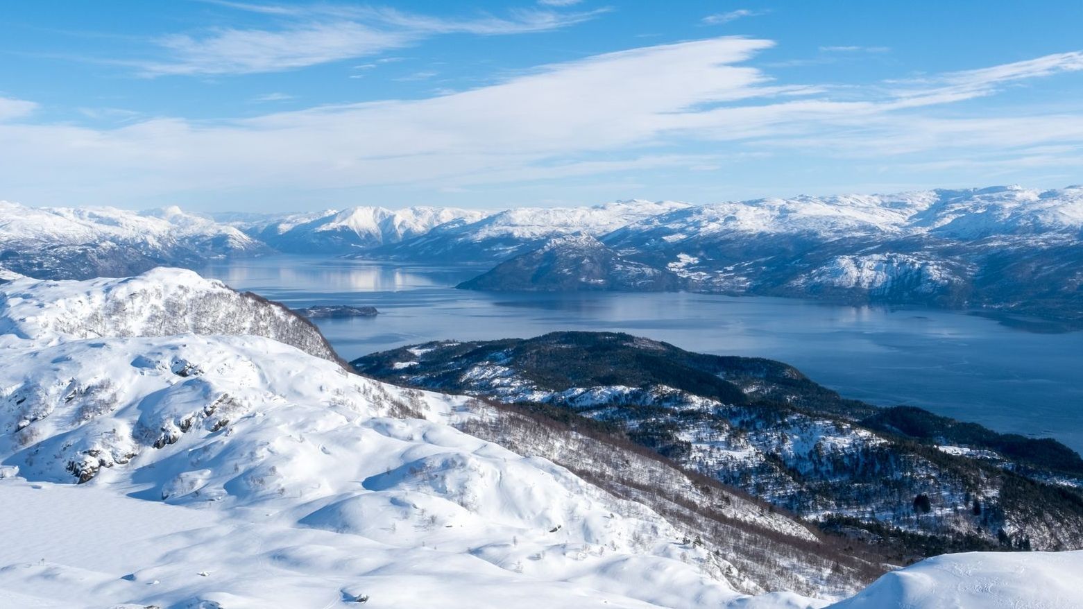 Panoramic winter view from the mountains in the Hardangerfjord